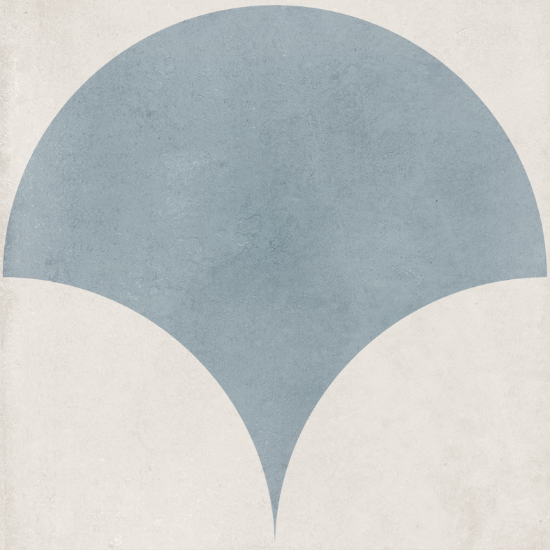 Tiffany Series Blue Oversized Fishscale Tile with a matte finish and soft white base, ideal for feature walls and splashbacks.