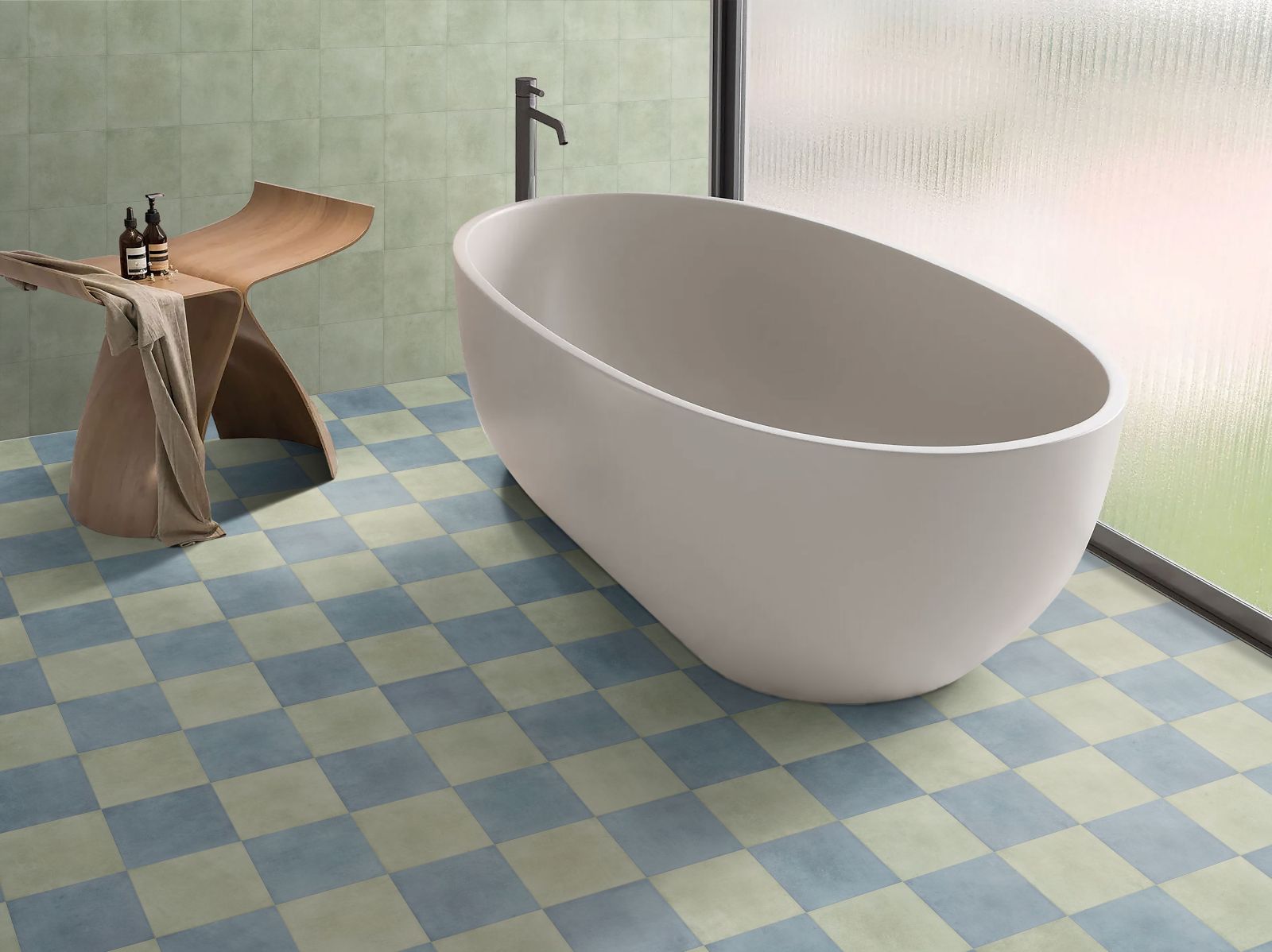 Tiffany Series checkerboard White and Blue Tile with a matte finish soft white and blue base, ideal for feature walls and splashbacks.