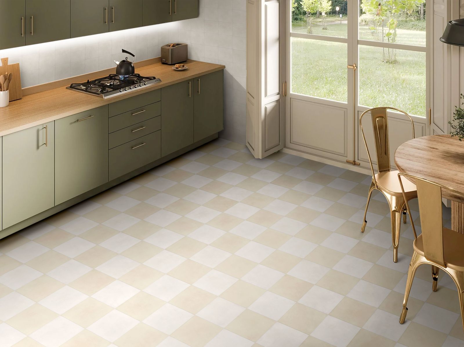 Tiffany Butter Series checkerboard Tile with a matte finish and soft white and cream base, ideal for feature walls and splashbacks.