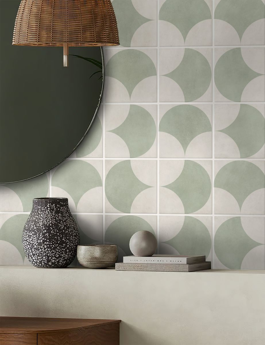 Tiffany Series Sage Oversized Fishscale Tile with a matte finish and soft white base on a wall, ideal for feature walls and splashbacks.