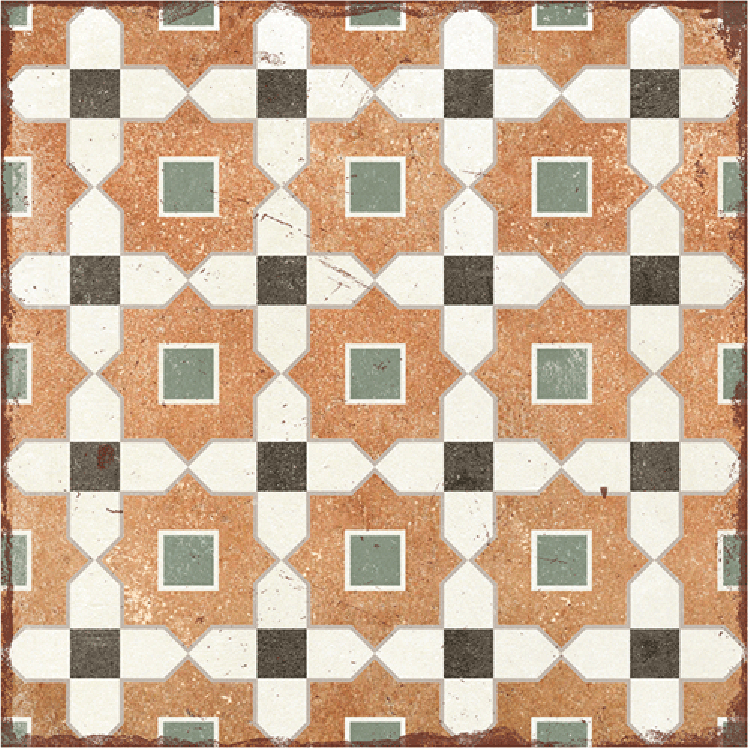 Geometric mosaic-style tile in earthy ochre, sand, and white tones, creating a warm Mediterranean look with subtle texture and artisanal charm — ideal for bathrooms or feature floors.
