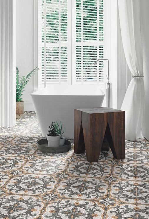 Patterned floor tile in a bathroom