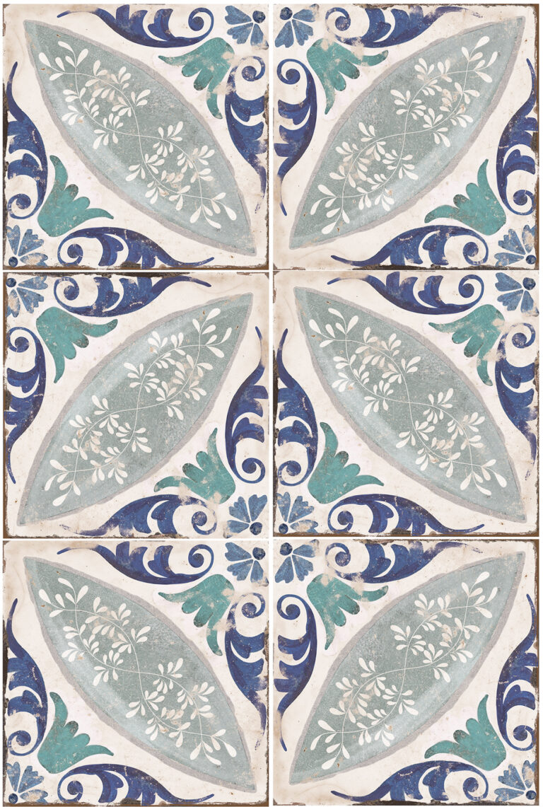 Mediterranean-style blue and teal patterned tile with a rustic, handcrafted look