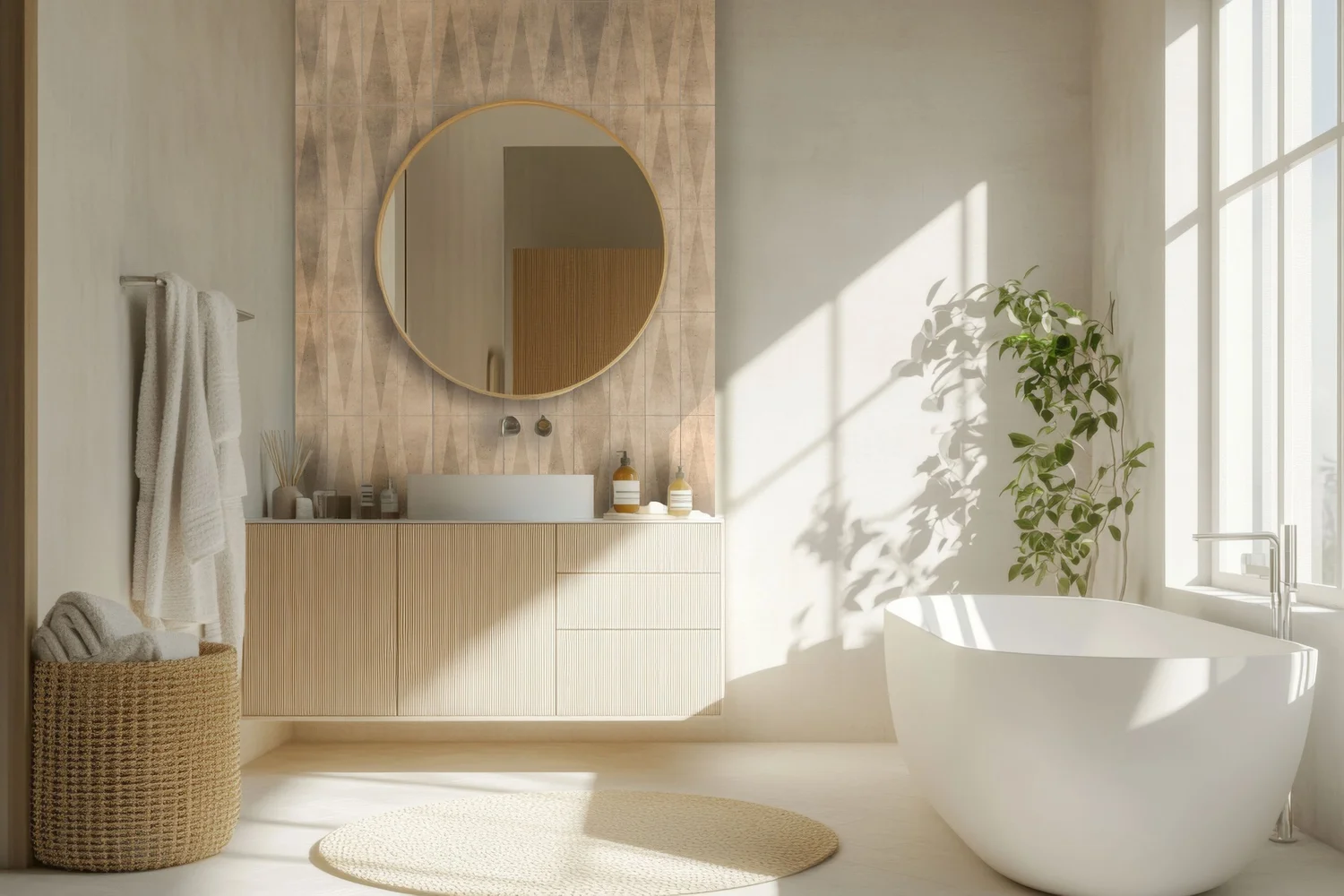 Pyramid Sand tile as a feature wall in a bathroom