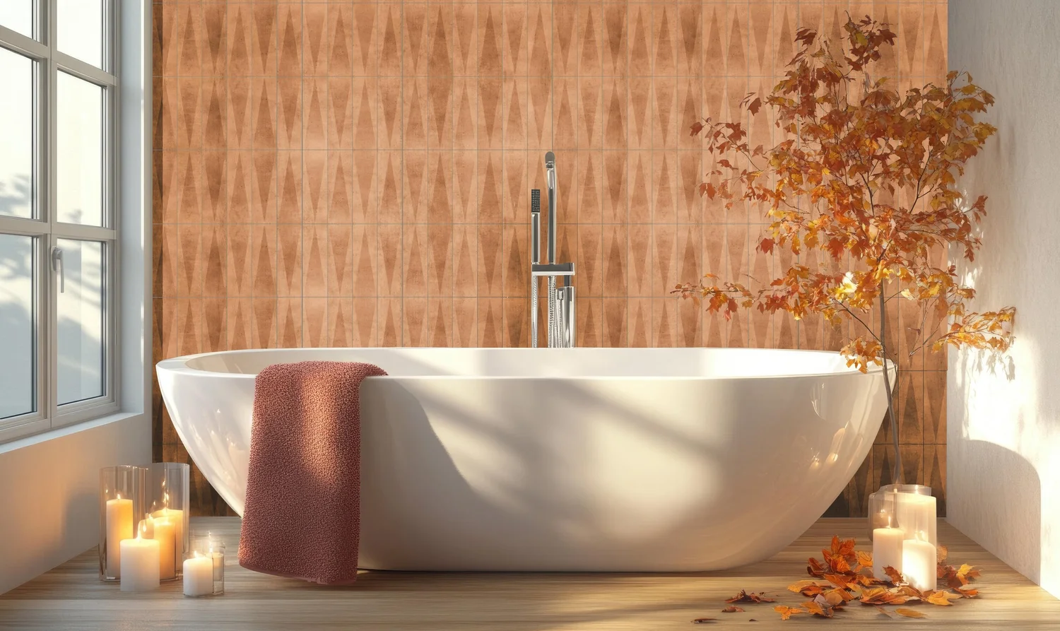 Pyramid Terra tile as a feature wall in a bathroom