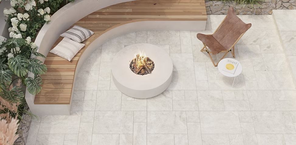 Travertino Bianco Porcelain French Pattern in a court yard