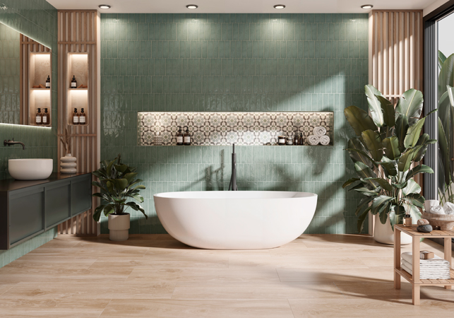 Vertical stacked subway tiles on a bathroom wall