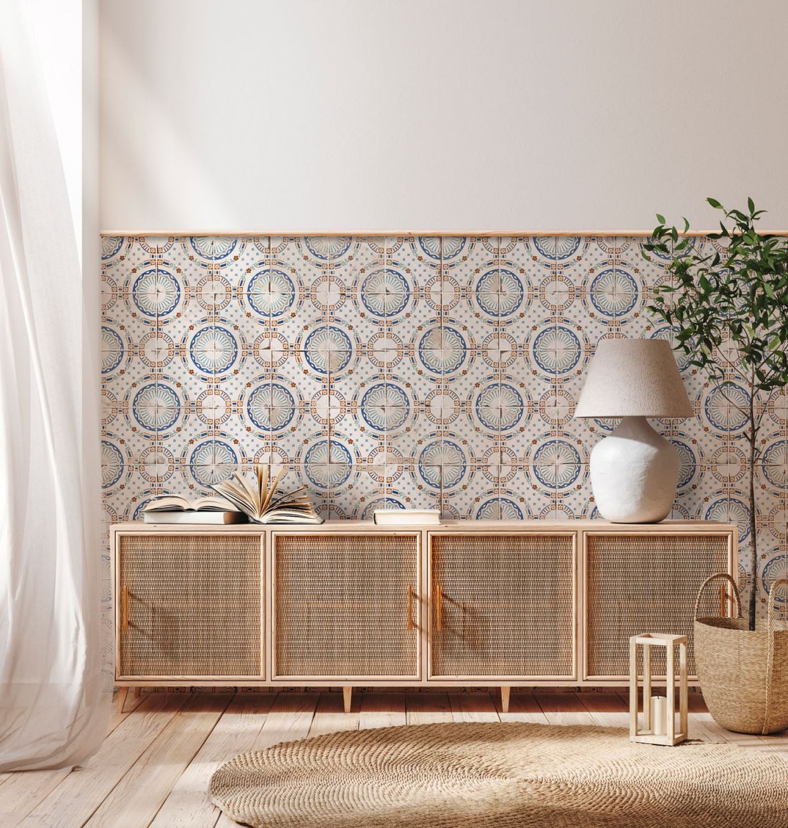 Bright Mediterranean-style tile with circular blue and terracotta patterns on a soft white base, reminiscent of hand-painted coastal ceramics with a modern twist.