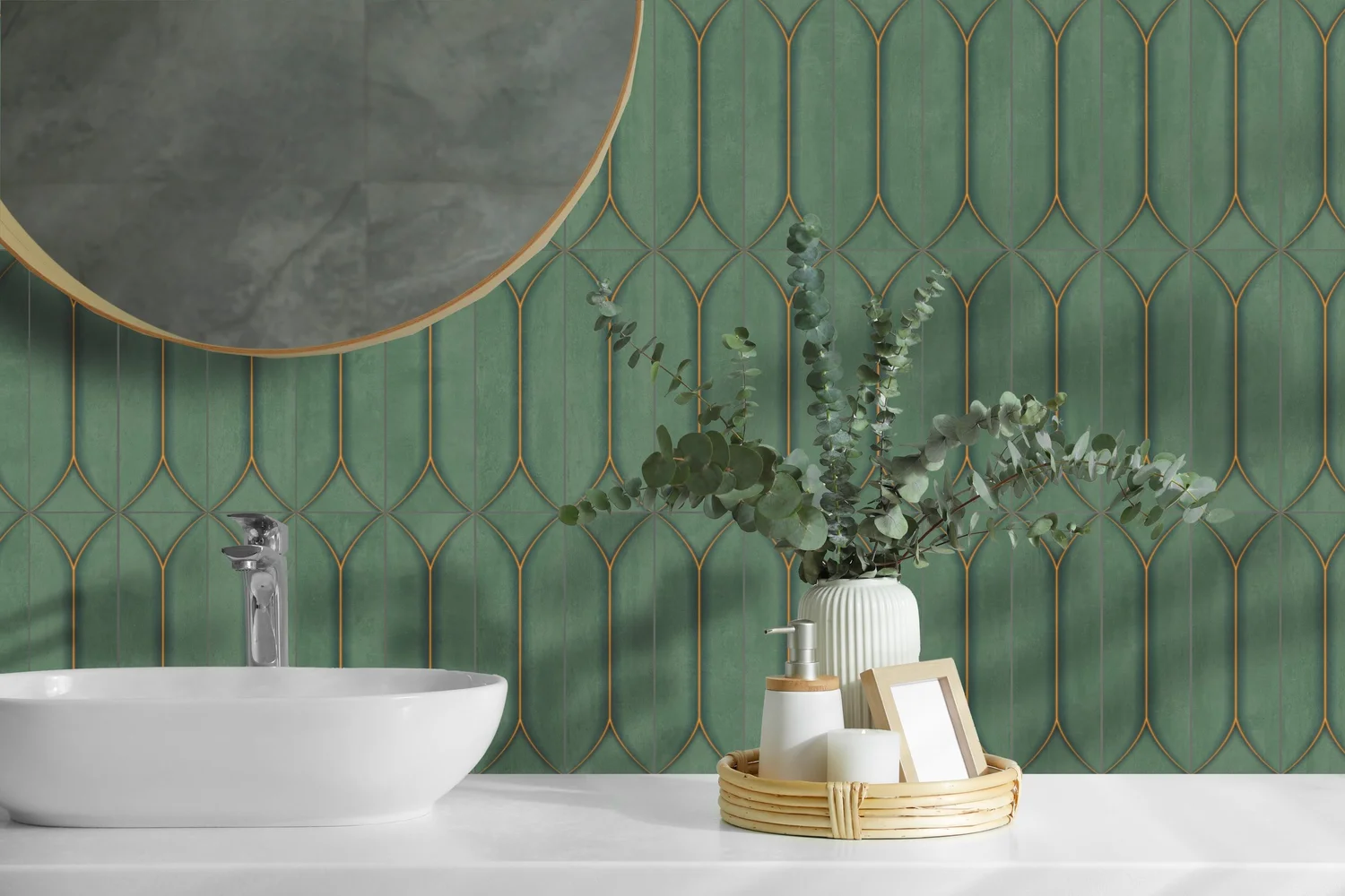 Negassi Kiwi green patterned tile on bathroom feature wall with basin and mirror