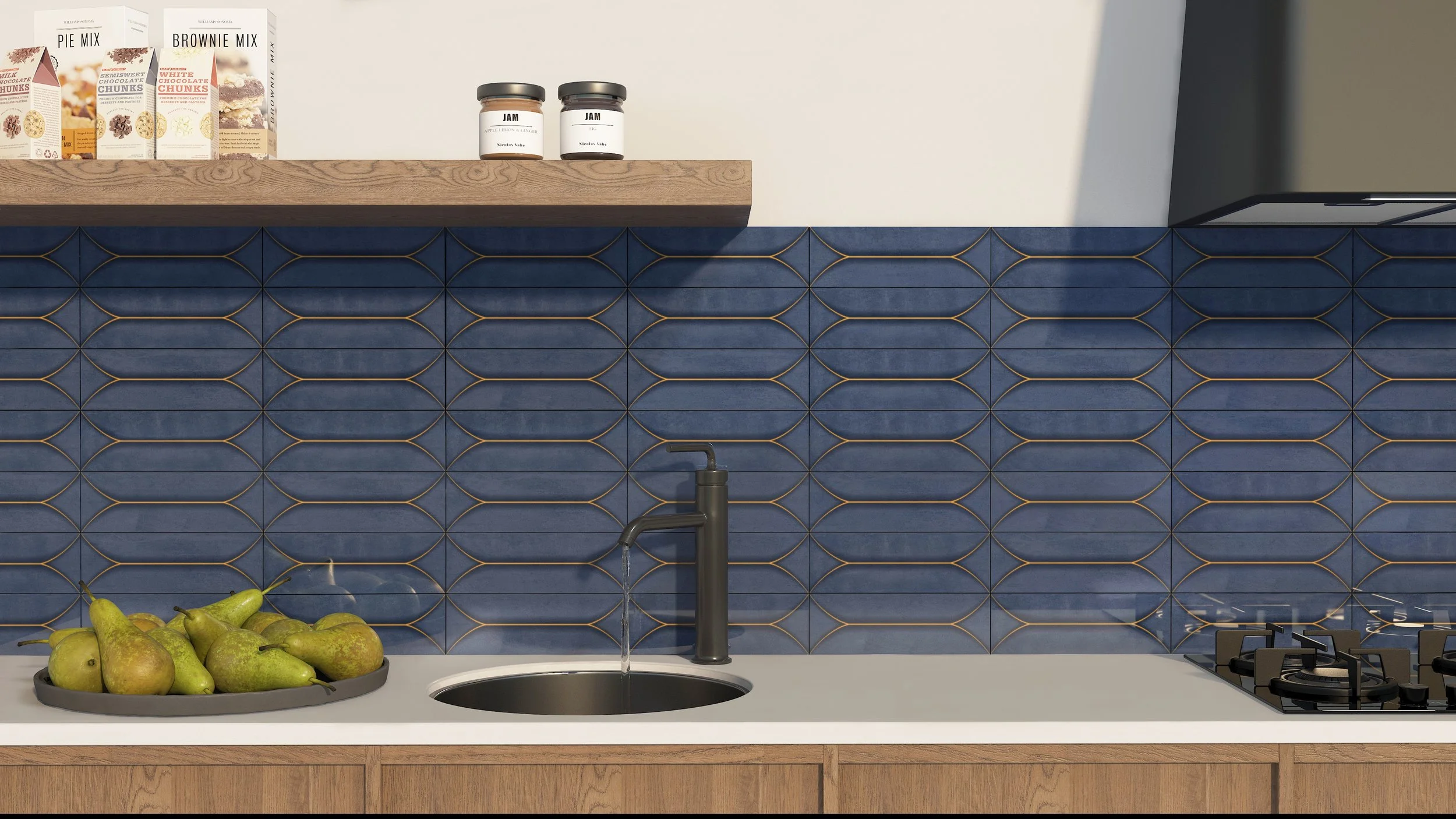 Negassi Navy patterned tile kitchen splashback with timber cabinetry and black tapware