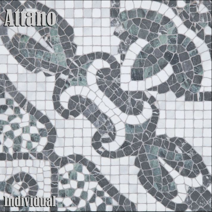 Close-up of the Versailles Attano tile featuring an intricate mosaic-inspired pattern in grey, charcoal and soft green tones on a white background.