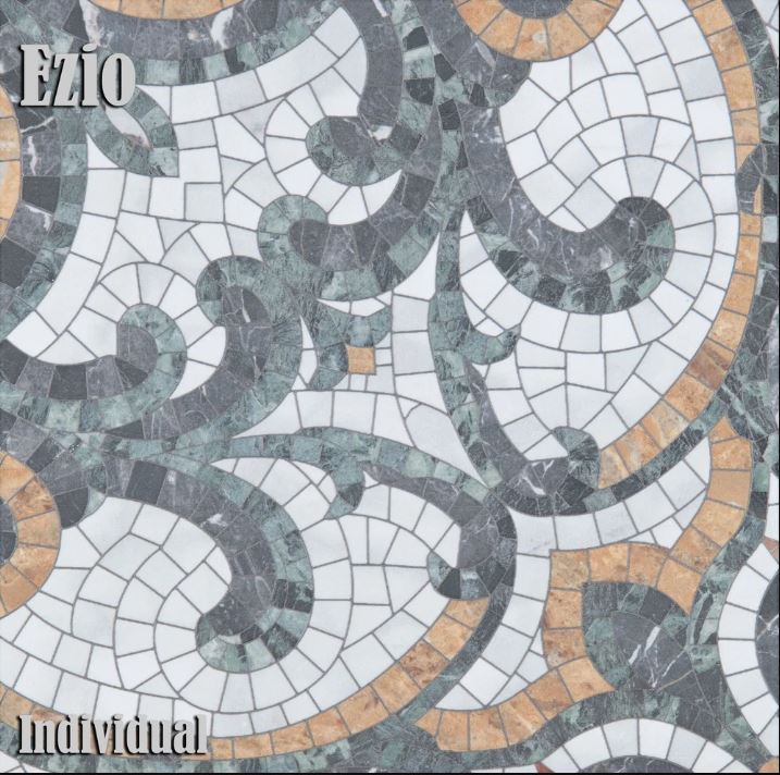 Close-up of the Versailles Ezio tile with a decorative mosaic pattern in charcoal, grey and tan tones, featuring flowing shapes and intricate detailing.